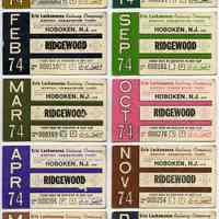 Tickets, transportation, 10: Erie Lackawanna Railway Co., Monthly Commutation Ticket, between Hoboken & Ridgewood, Jan. to June; Sept. to Dec. 1974.