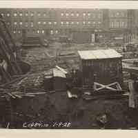 B+W photo of foundation preparation and concrete forms on the site for the Fabian Theatre, Newark & Washington Sts., Hoboken, Jan. 9, 1927.