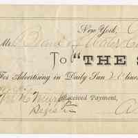 File receipt of paid bill for legal notice printed in The Sun for Bd. of Water Commissioners, City of Hoboken, Aug. 16, 1872.