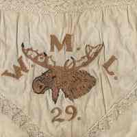 Cloth bag with flap embroidered with elk, initials "W.M.L." & no."29." N.p, n.d, ca. 1910-1930.