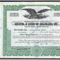 Stock certificate no. 1 of Keuffel & Esser of Colorado, Inc., for 100 shares of capital stock, par value $100, "Original Issue"; issued to Keuffel & Esser Company (Hoboken, N.J.), May 19, 1959. Dissolved Dec. 12, 1961.