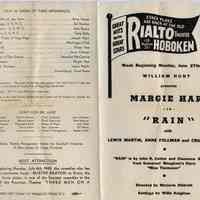 Program: Rialto Theatre, 118 Hudson St., Hoboken; William Hunt presents Margie Hart in "Rain." Week beginning Monday, June 27th, 1949.