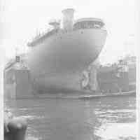 B+W photo from the pier end of stern of unknown ship in dry dock no. 2, Hoboken, no date, ca. 1940.