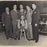 B+W photo of 5 men & a trainer in a boxing ring, Hoboken, no date, circa 1945-1950.