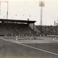 Digital image of photo of a stadium with a baseball game in progress, no place (New York?), no date, circa 1938-1940.
