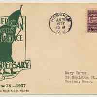 First day cover: 1st American Troops Arrived in France. 20th Anniv. 1917 June 26 1937. Postmarked Hoboken, June 26, 1937.