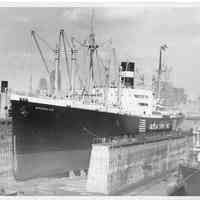 B+W photo of the freighter S.S. Exemplar in dry dock, Hoboken, no date, ca. 1940.