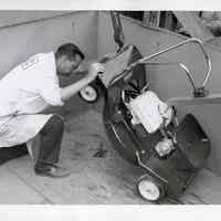 B+W photo of lawn mower stake test at United States Testing Co. facility, Hoboken. N.d., ca. 1970s or 1980s.