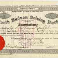 Stock certificate: North Hudson Driving Park Assn., Hoboken, 1 share issued to William Keuffel, July 10, 1890.