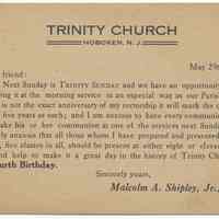 Announcement card: Trinity Church, Hoboken, N.J. May 29, 1917. "Trinity Sunday."