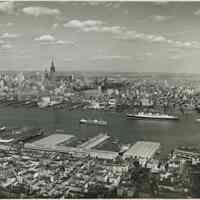 B+W aerial photo of the Hoboken piers looking east to Manhattan, Hoboken, Sept., 17, 1956.