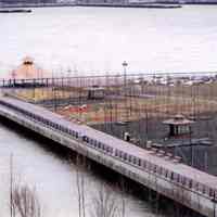 Color photo of an elevated view of construction progress of Pier A Park, Hoboken, 1999.