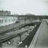 B+W photo of Public Service, Hudson Place Terminal - looking east from temporary elevated loop, Hoboken, February 9, 1910.