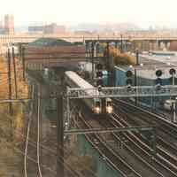          Digital image of color photo of a PATH train approaching Journal Square station from the east, Nov., 1999. picture number 1
   