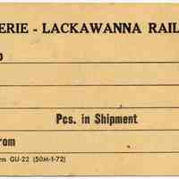 Tag blank, freight: Erie-Lackawanna Rwy. Co. N.d., probably 1972 to 1976.