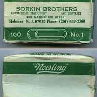 Box of Gem Paper Clips imprinted Sorkin Brothers, Commercial Stationery, Art Supplies, 400 Washington St., Hoboken, N.J. N.d, ca. 1970-1990.