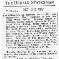 Newspaper clippings: Sol Fisher (of S. Fisher & Co., Hoboken) death notice & obituary, Yonkers, Oct. 21-22, 1951.