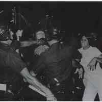 B+W print of photo of police and rioters, Hoboken, either June 1970 or Sept. 1971.