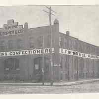 Printed B+W photograph of S. Fisher & Co., confectioners, Eleventh, Clinton & Grand Streets, Hoboken, no date, ca. 1905-1908.