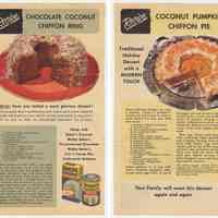          Leaflet; Baker's Coconut reipes: Chocolate Chiffon Coconut Ring; Coconut Pumpkin Chiffon Pie. Franklin Baker Div., General Foods, Hoboken, n.d., ca. 1947-1955. picture number 1
   