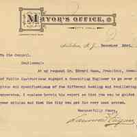 Letter from Mayor Lawrence Fagan to Hoboken City Council, Dec. 23, 1896 re engaging a Consulting Engineer.