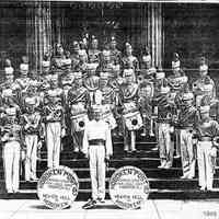Digital image of printed b+w photo of American Legion Post 107 (Hoboken) Drum & Bugle Corp posed on Demarest High School steps, Hoboken, 1949.