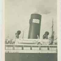 B+W photo of the funnel of an unidentified vessel, engines running, at an unknown location, no date, ca. 1940.