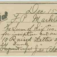 Receipt dated Dec. 15, 1913 to a F.P. Markley from a James Adams for payment in cutting a headstone inscription.