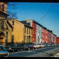          Color slide of eye-level view of row houses on the W side of Garden looking N and the Community Church of Hoboken at 600 Garden picture number 1
   
