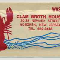 Towelette: Wash-Up. Unopened package imprinted: Clam Broth House, 30-38 Newark St., Hoboken, N.J. N.d., ca. 1970s-1980s.