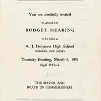 Digital images, brochure: Budget Hearing held at Demarest High School, Hoboken, Thursday, March 8,1951.