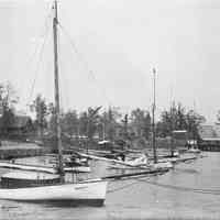 B+W photo of boats, yachts and boat clubs along River Walk and 10th St., ca. 1900.