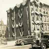 B+W photo of Knights of Columbus clubhouse decorated for 40th anniversary, 716 Hudson St., Hoboken, Apr. 1936.