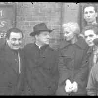 Color slide of Karl Malden & Eva Marie Saint plus 4 men standing on pier set of the motion picture "On the Waterfront", Hoboken, n.d., ca. 1953-54.