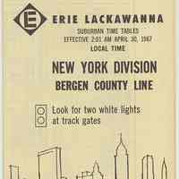 Timetable: Erie Lackawanna R.R., New York Div., Bergen County Line, eff. Apr. 30, 1967.