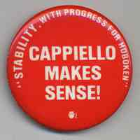 Political pin: Cappiello Makes Sense! "Stability. With Progress for Hoboken." (Hoboken, n.d. ca. 1973-1985.)