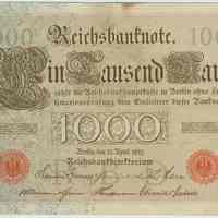 Banknote: Reichsbanknote, 1910, denomination, 1000. 4-3/8" high x 7-3/8" wide.