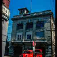 Color slide of eye-level view of the Hoboken Fire Department Engine Company No. 3 fire station façade at 201 Jefferson on the corner with 2nd