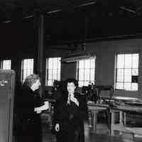 Digital image of B+W photograph of Francis Gallo (right) & another women inside fur goods factory, Fourth & Madison Sts., Hoboken, no date, ca. 1950