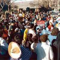 Color photo of the 1985 Hoboken Ragamuffin Parade with parents and children in costume, Hoboken, October, 1985.