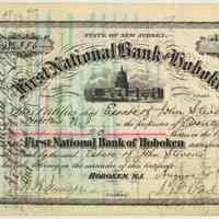 Stock certificate: First National Bank of Hoboken, 20 shares, $25 each, issued to Estate of John Stevens, Aug. 15, 1895. Cancelled Dec. 1907.