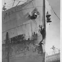 B+W photo of a starboard view of bow damage to the S.S. Delisle in dry dock, Hoboken, Sept., 1941.