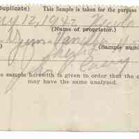 Receipt for Yum Yum vanilla sample taken from Nicola Principe for analysis by the Dept. of Health, State of N.J., May 12, 1942