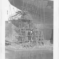 B+W photo of repair work on the steerage of the S.S. Atlantic in dry dock, Hoboken, no date, ca. 1940.