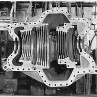 B+W photo of low pressure turbine casing, probably the top half of the S.S. Bonheur, machine shop, Hoboken, no date, [Feb., 1938.]