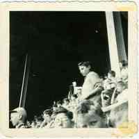 B+W photo of a Hoboken Police Athletic League baseball team outing to a game at Yankee Stadium, New York City, no date, ca. 1955.