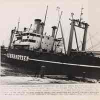 B+W photo of S.S. Flying Cloud, Isbrandtsen Steamship Co., departing Hoboken, Jan. 13, 1950.