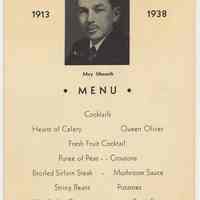 Menu keepsake: Dinner honoring Sam Wood, Jr. on 25th Anniversary at Keuffel & Esser Co., May 15, 1938. Union Club, Hoboken.
