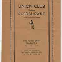 Menu, Bar: Union Club Building Restaurant, 600 Hudson St., Hoboken, n.d., ca. 1945-1940.
