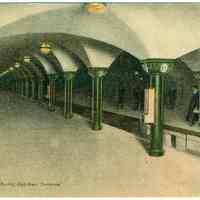 Digital image of Hudson & Manhattan R.R. postcard titled: Hudson Tunnels, Train Platforms, Hoboken Terminal. 1908.